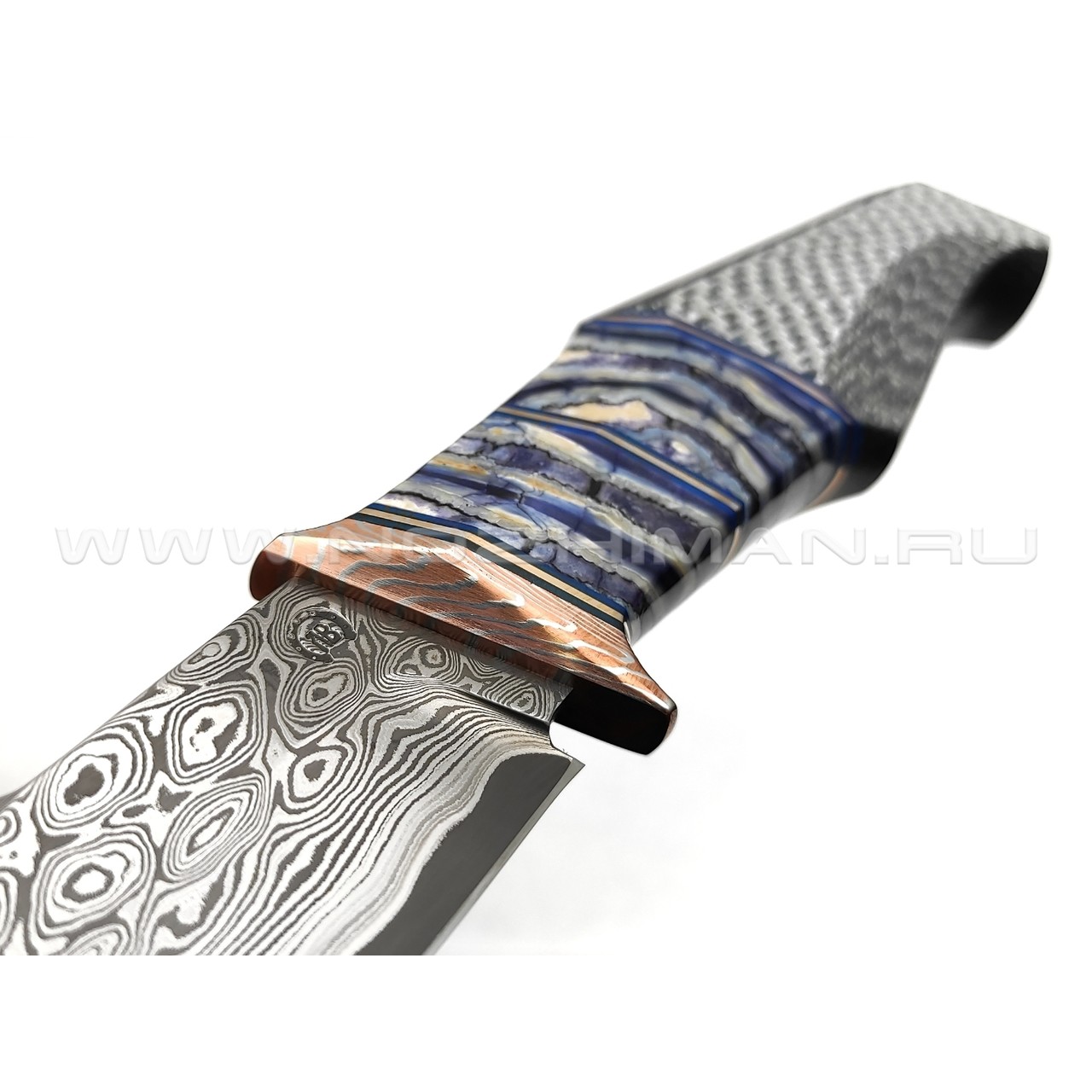 Кузница Васильева нож НЛВ135 ламинат CPM Rex 121, рукоять Silver Twill, мокумэ-ганэ, зуб мамонта