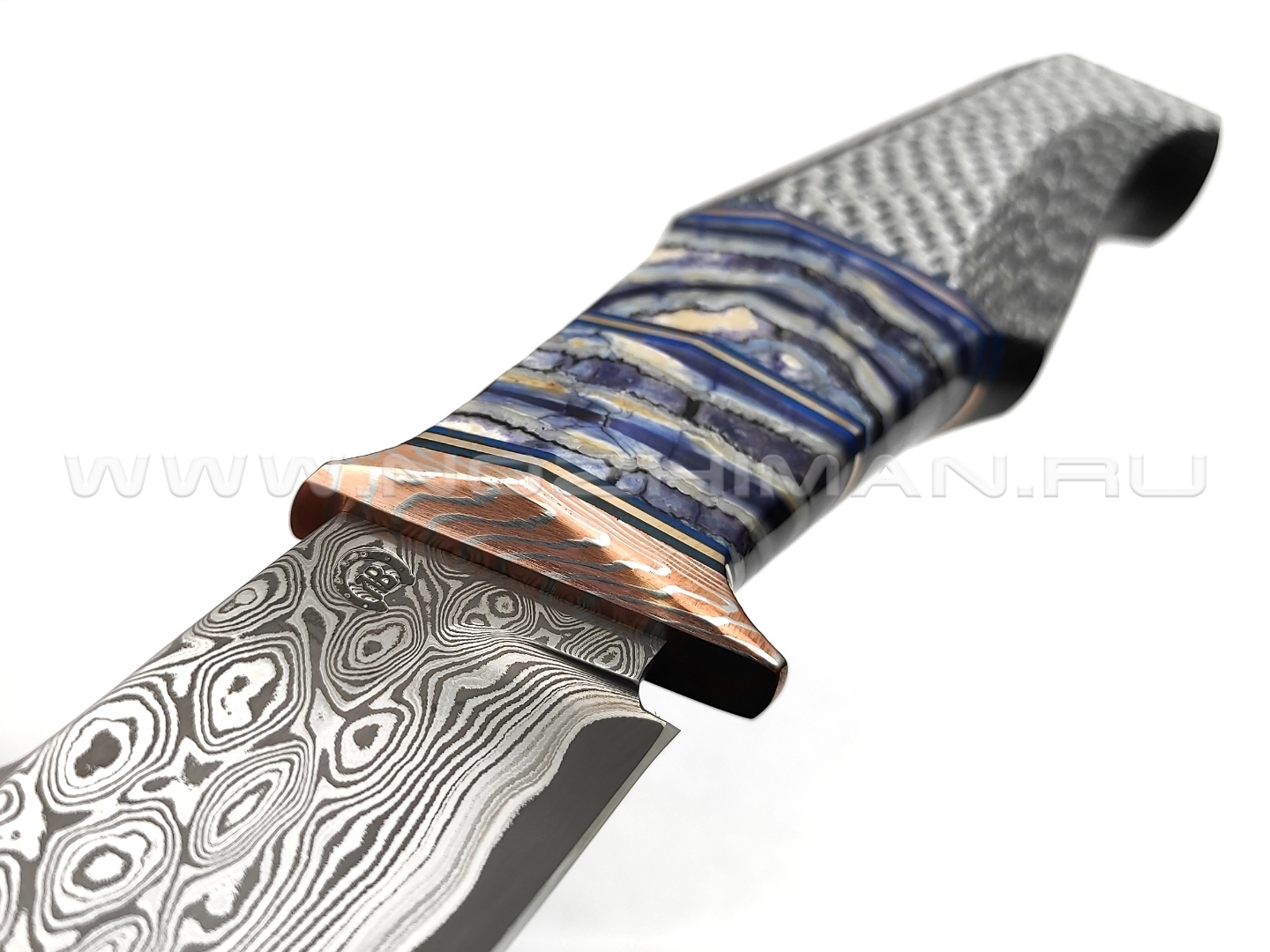 Кузница Васильева нож НЛВ135 ламинат CPM Rex 121, рукоять Silver Twill, мокумэ-ганэ, зуб мамонта