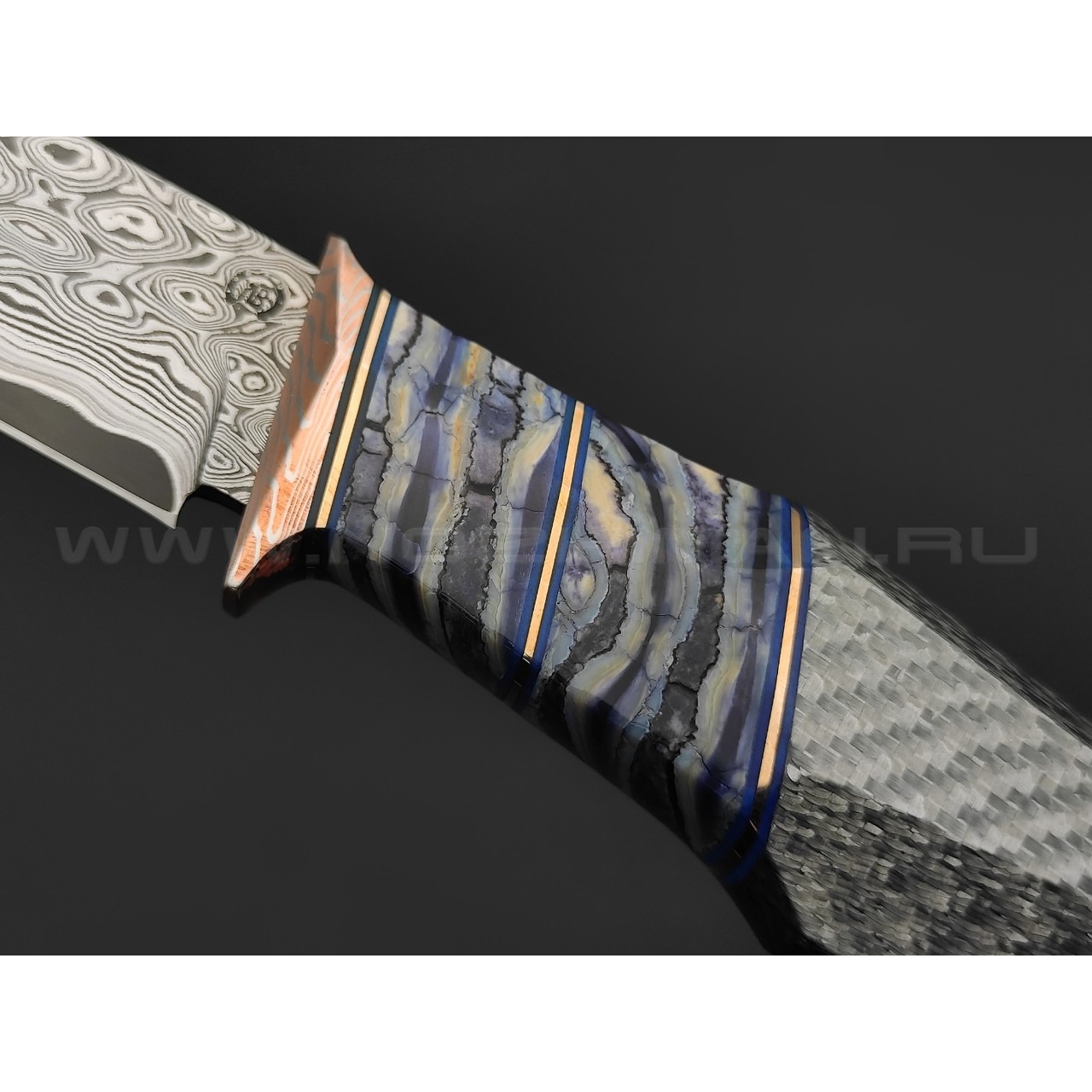 Кузница Васильева нож НЛВ135 ламинат CPM Rex 121, рукоять Silver Twill, мокумэ-ганэ, зуб мамонта