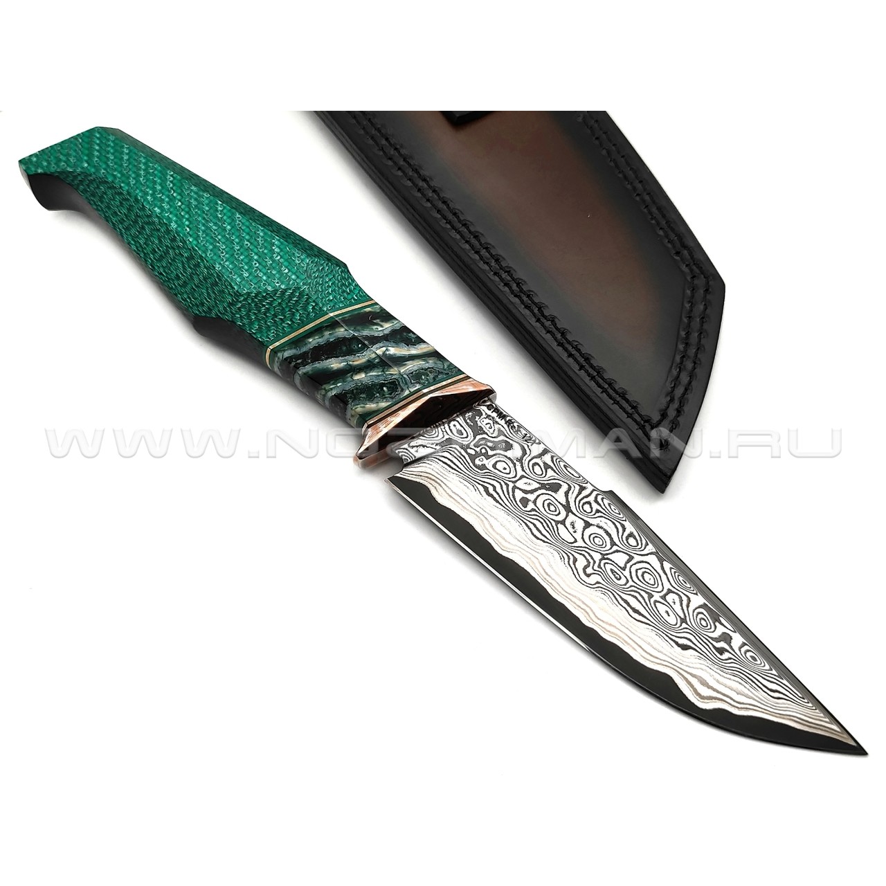 Кузница Васильева нож НЛВ137 ламинат CPM Rex 121, рукоять Silver Twill Emerald, мокумэ-ганэ, зуб мамонта