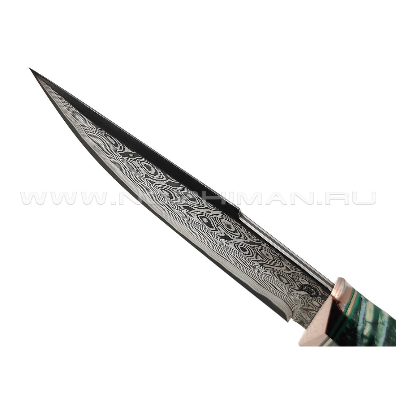 Кузница Васильева нож НЛВ137 ламинат CPM Rex 121, рукоять Silver Twill Emerald, мокумэ-ганэ, зуб мамонта