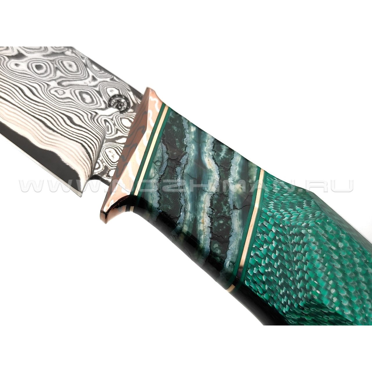Кузница Васильева нож НЛВ137 ламинат CPM Rex 121, рукоять Silver Twill Emerald, мокумэ-ганэ, зуб мамонта