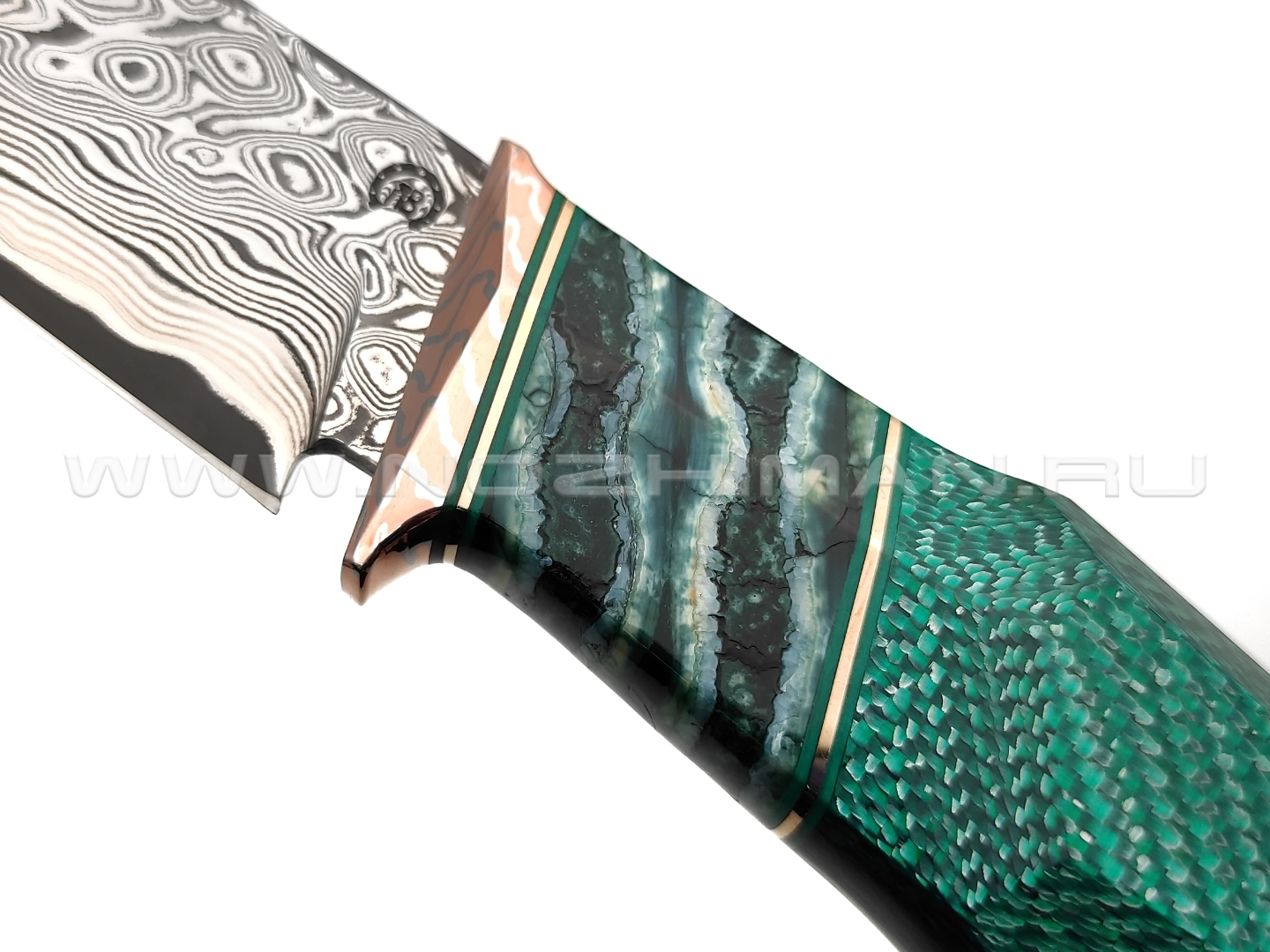 Кузница Васильева нож НЛВ137 ламинат CPM Rex 121, рукоять Silver Twill Emerald, мокумэ-ганэ, зуб мамонта