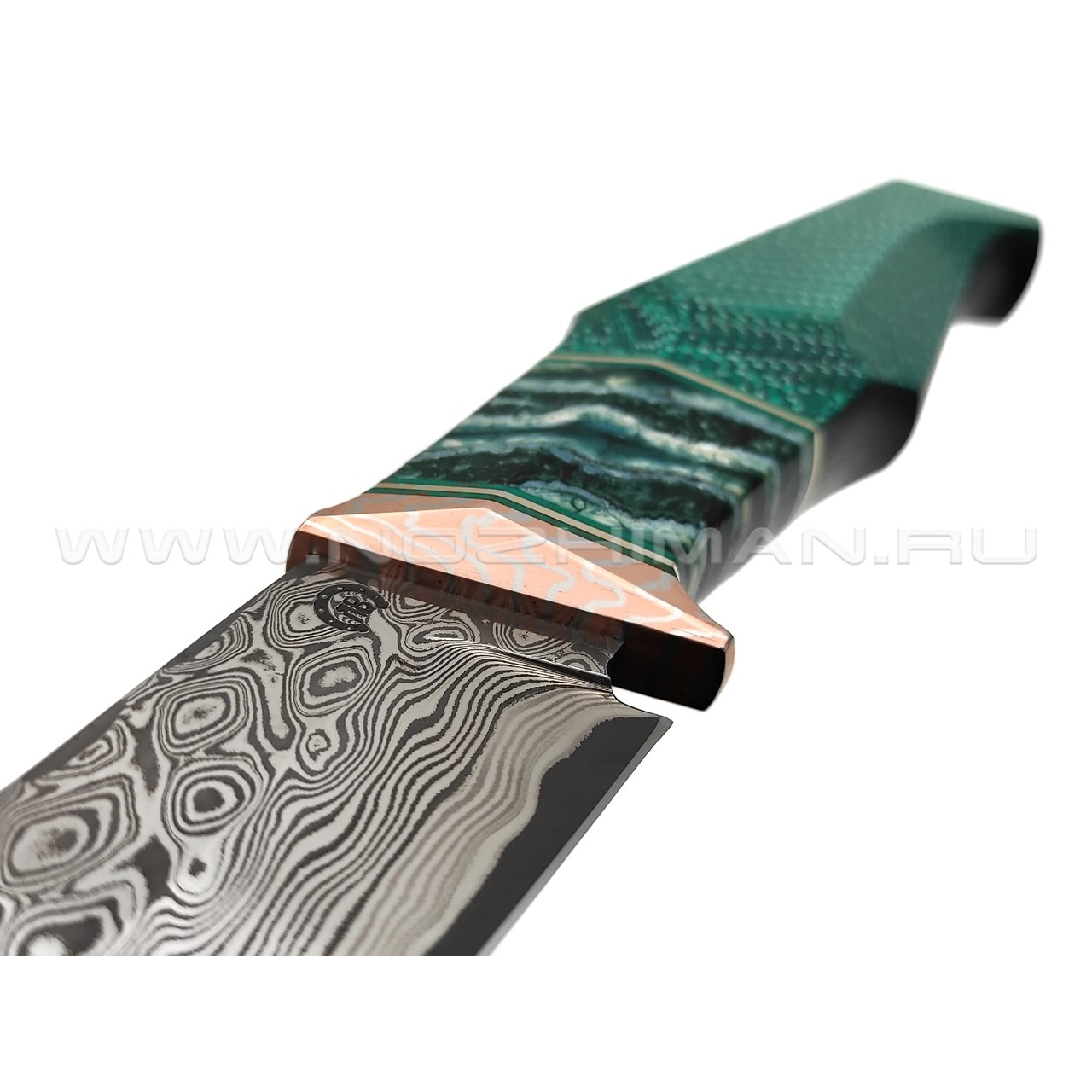 Кузница Васильева нож НЛВ137 ламинат CPM Rex 121, рукоять Silver Twill Emerald, мокумэ-ганэ, зуб мамонта