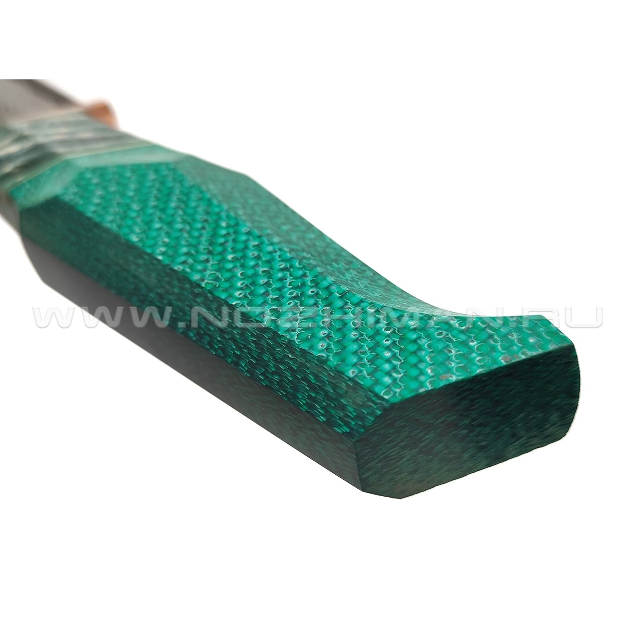 Кузница Васильева нож НЛВ137 ламинат CPM Rex 121, рукоять Silver Twill Emerald, мокумэ-ганэ, зуб мамонта
