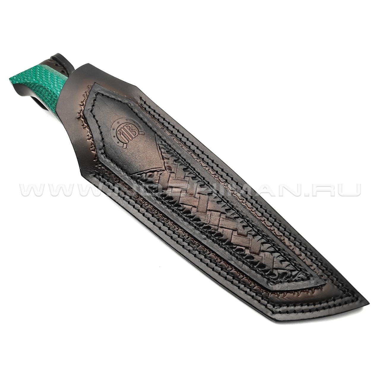 Кузница Васильева нож НЛВ137 ламинат CPM Rex 121, рукоять Silver Twill Emerald, мокумэ-ганэ, зуб мамонта