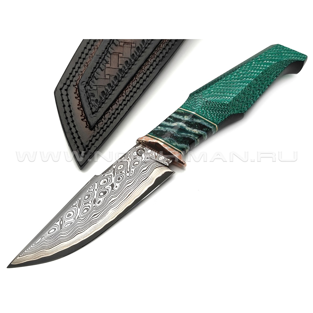 Кузница Васильева нож НЛВ137 ламинат CPM Rex 121, рукоять Silver Twill Emerald, мокумэ-ганэ, зуб мамонта