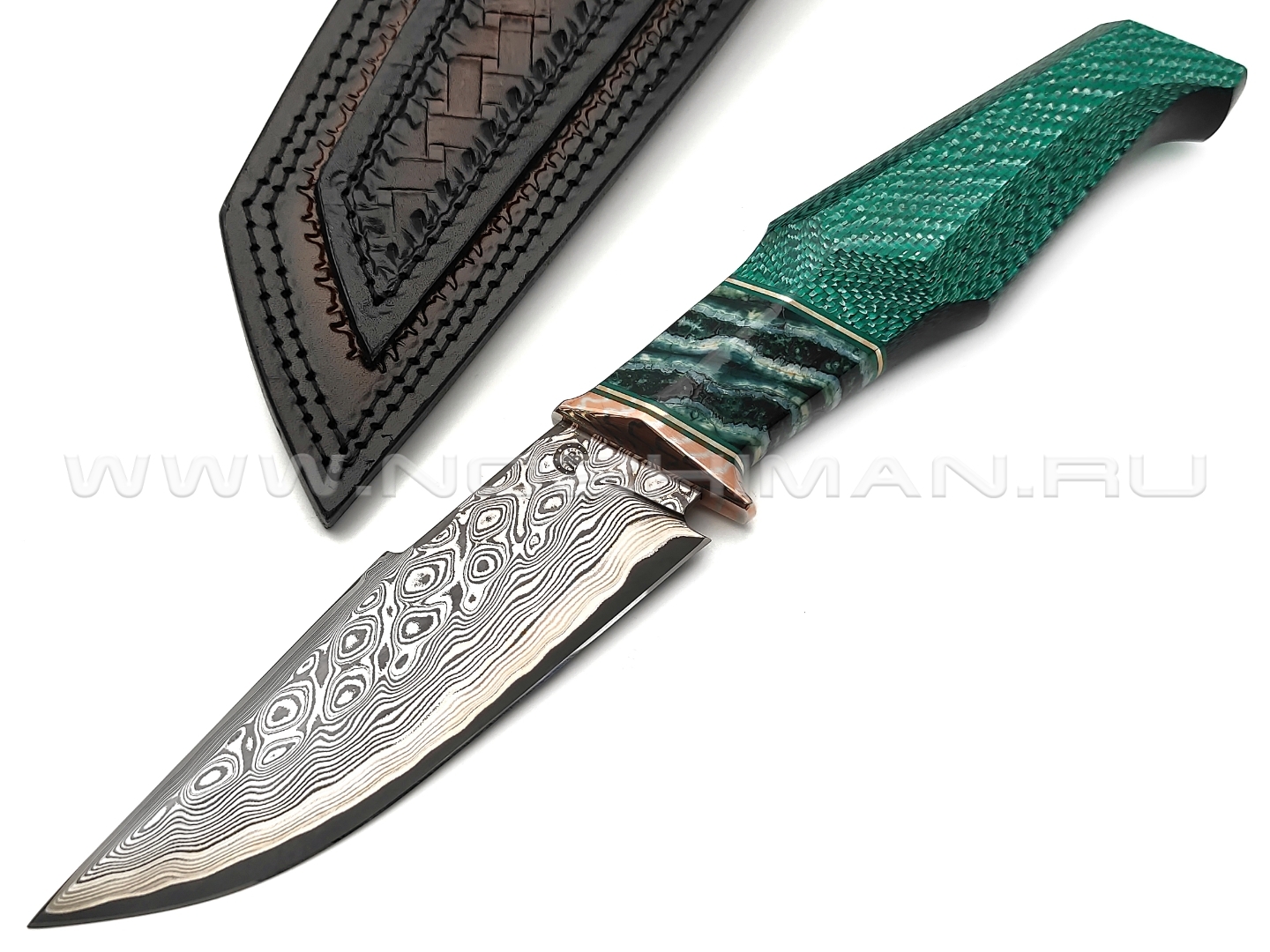Кузница Васильева нож НЛВ137 ламинат CPM Rex 121, рукоять Silver Twill Emerald, мокумэ-ганэ, зуб мамонта