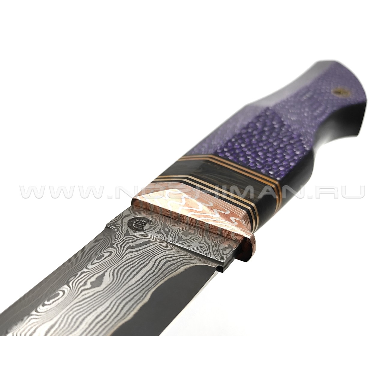 Кузница Васильева нож НЛВ136 ламинат S390, рукоять Silver Twill Purple, мокумэ-ганэ, carbon fiber