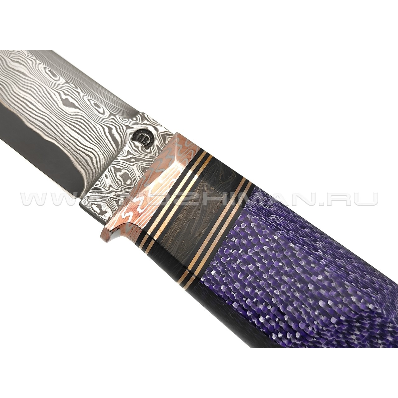 Кузница Васильева нож НЛВ136 ламинат S390, рукоять Silver Twill Purple, мокумэ-ганэ, carbon fiber