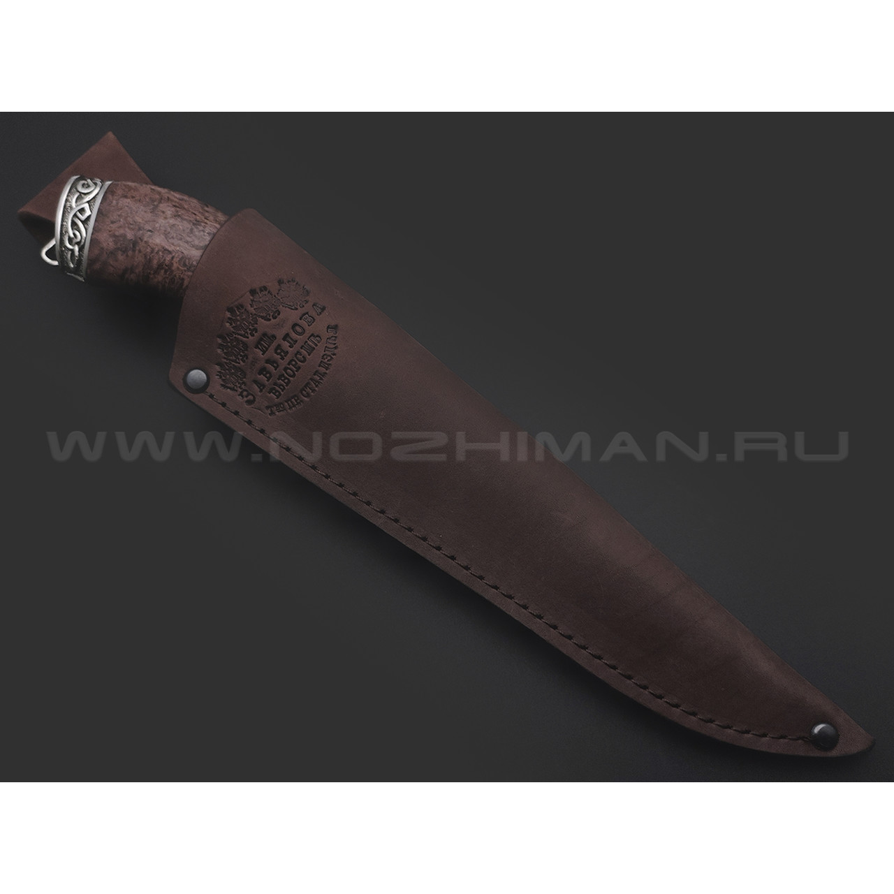 Товарищество Завьялова кованый нож Акула сталь K340, рукоять Карельская береза, мельхиор