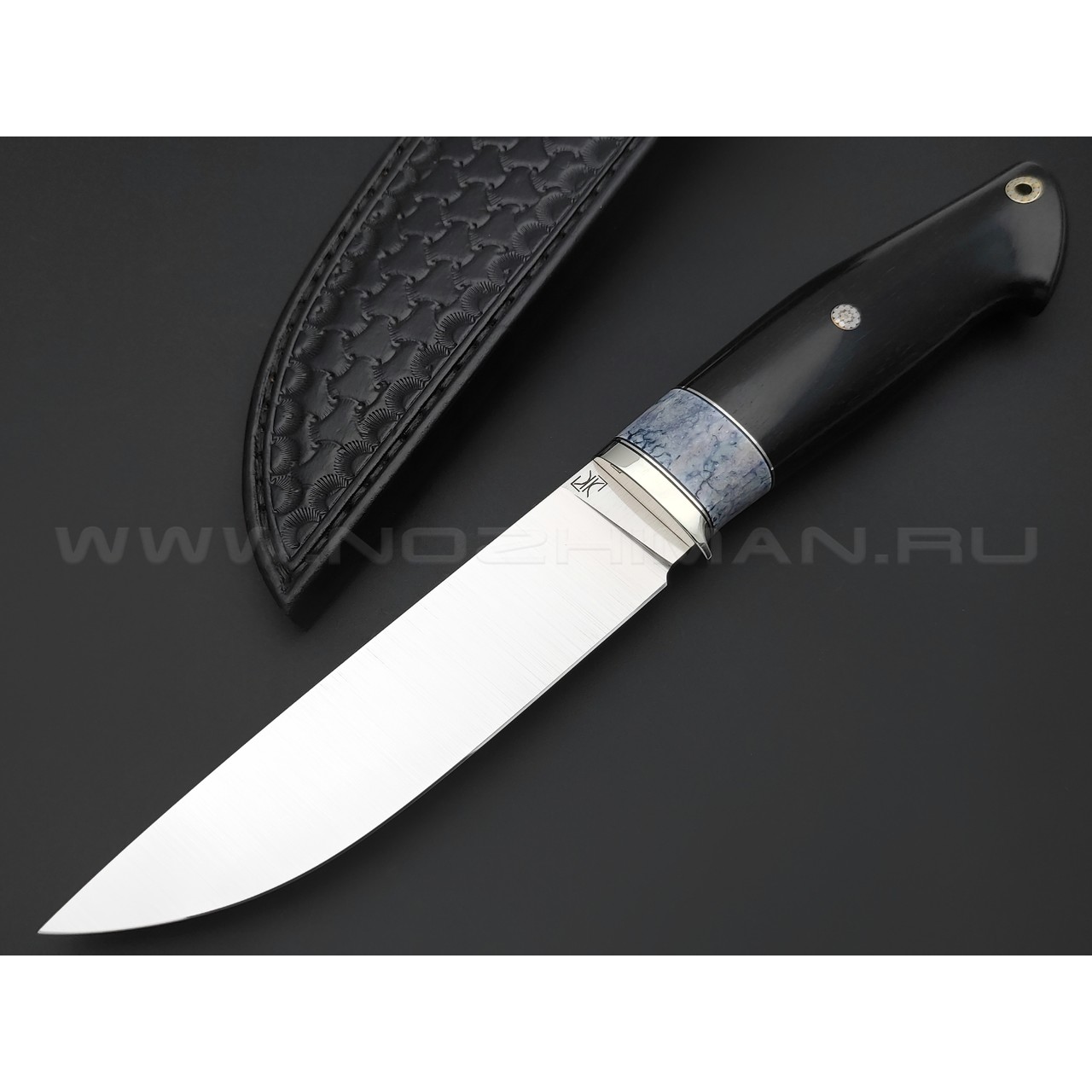 Кузница Ковчег нож Скаут сталь M398, рукоять Black wood, карельская береза, клык моржа, мельхиор