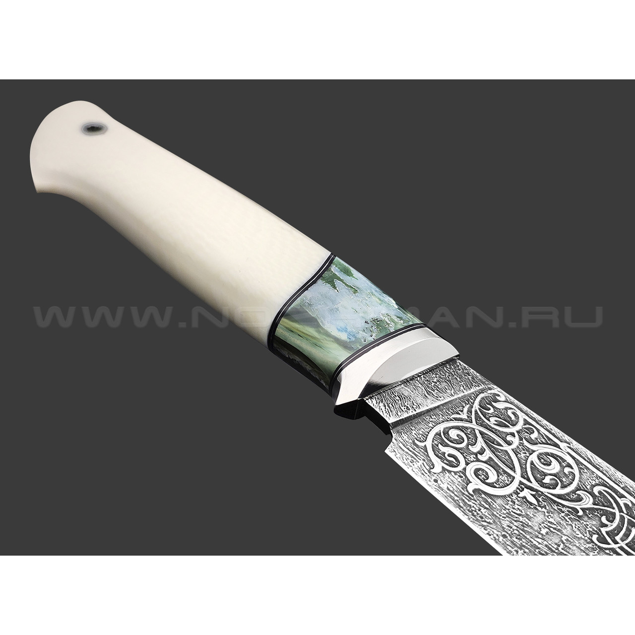 Дмитрий Болбат нож из стали CPM 3V худ. травление, рукоять Элфорин, зуб мамонта, никель