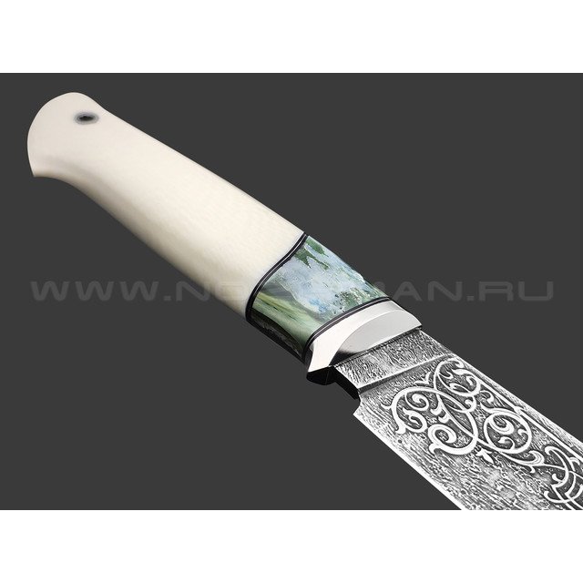 Дмитрий Болбат нож из стали CPM 3V худ. травление, рукоять Элфорин, зуб мамонта, никель