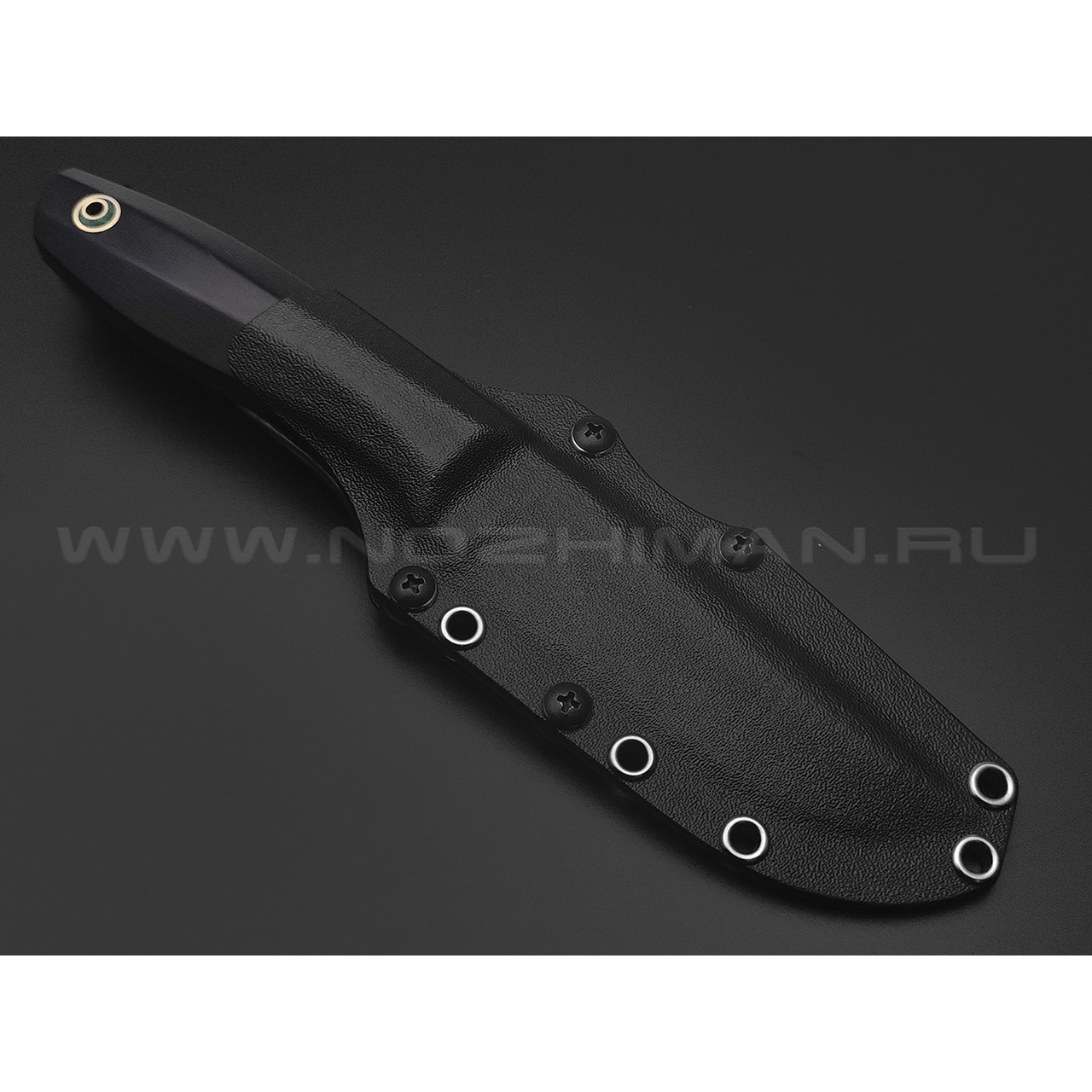 Дмитрий Болбат нож из стали CPR травление, рукоять Черный эбен, carbon fiber, silver twill green, пин с малахитом