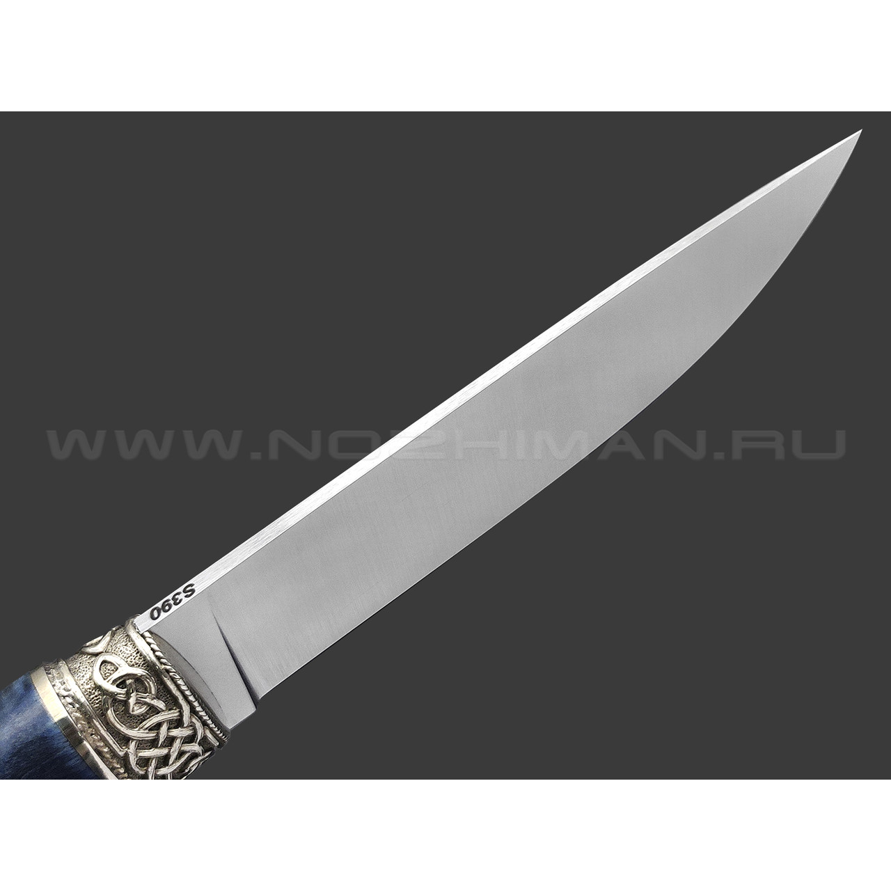 Кузница Ковчег нож Скандинав сталь S390, рукоять Карельская береза, худ. литье из мельхиора