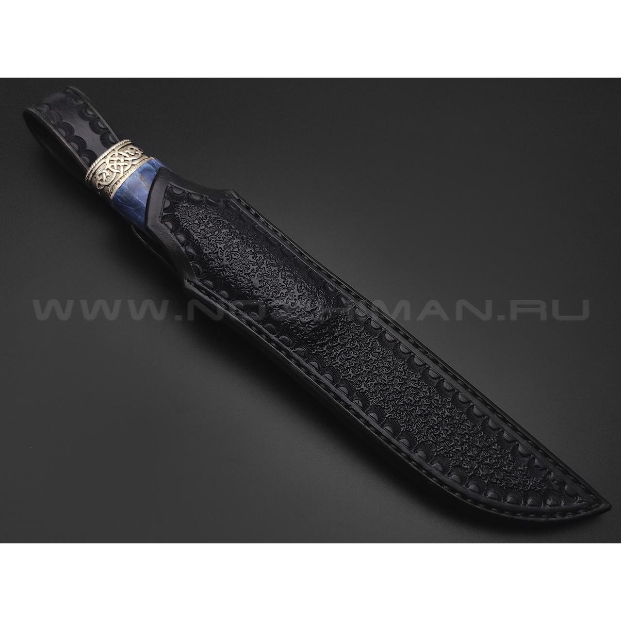 Кузница Ковчег нож Скандинав сталь S390, рукоять Карельская береза, худ. литье из мельхиора