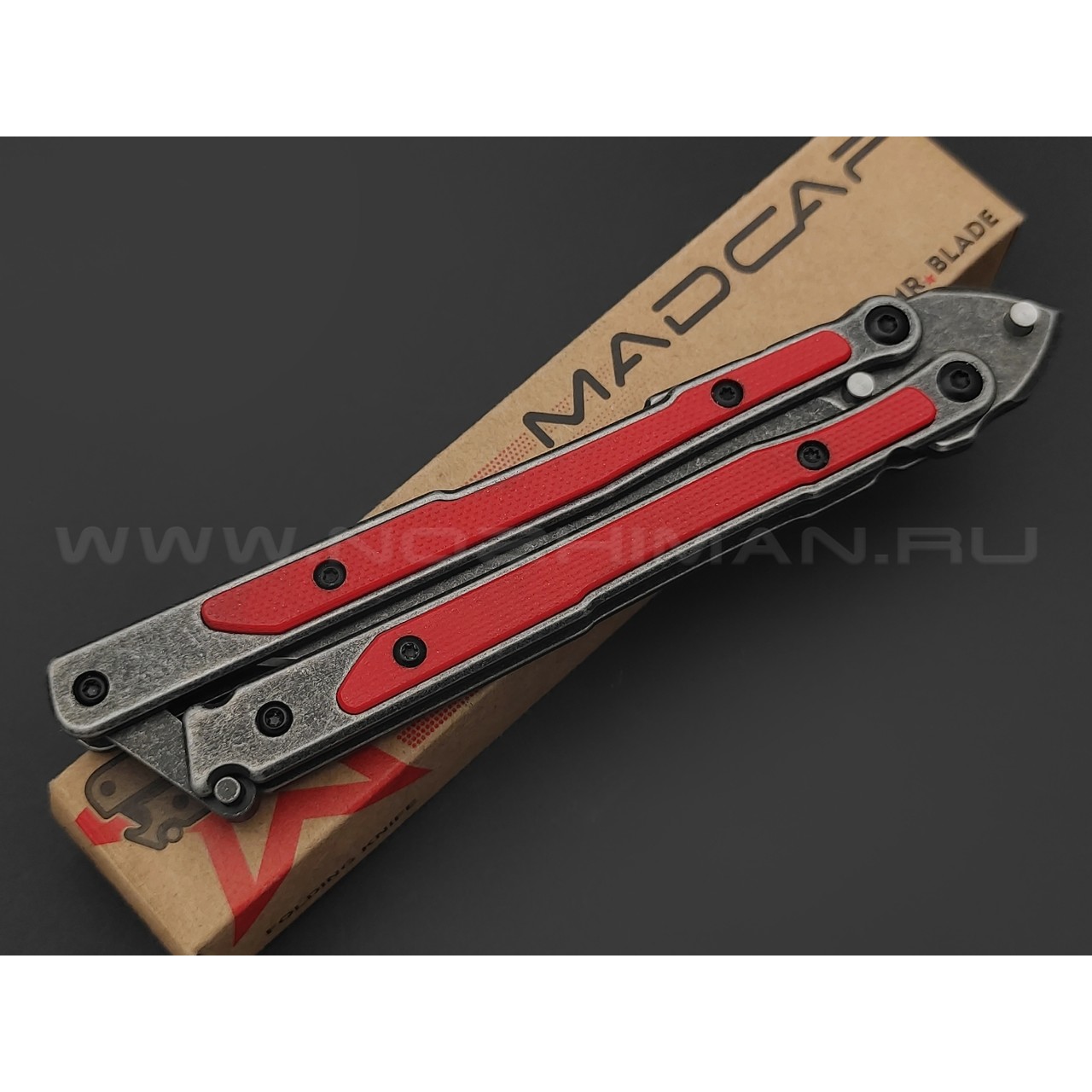 Mr.Blade балисонг Madcap сталь Aus-8 блэквош, рукоять G10 red