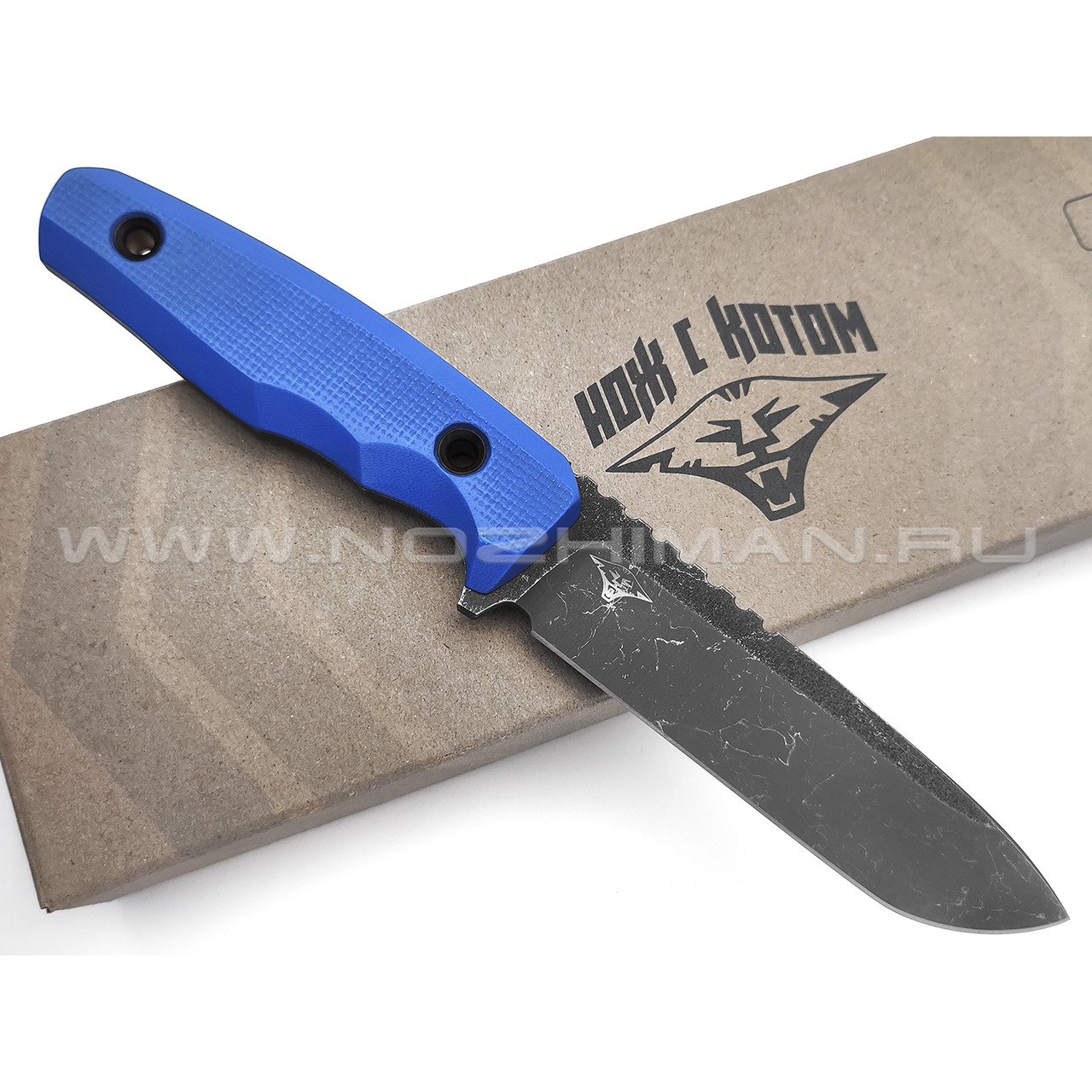 Нож с Котом Тик-Так 2 сталь X105, рукоять G10 blue, kydex blue