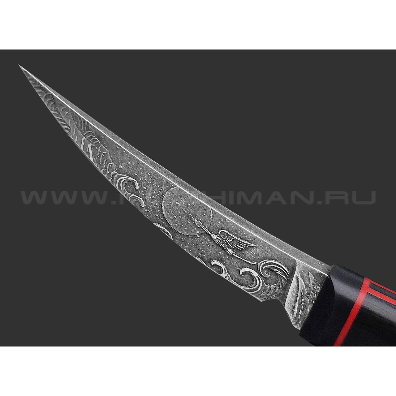 Волчий Век нож Сакура Custom сталь Niolox WA травление, рукоять G10 black & red