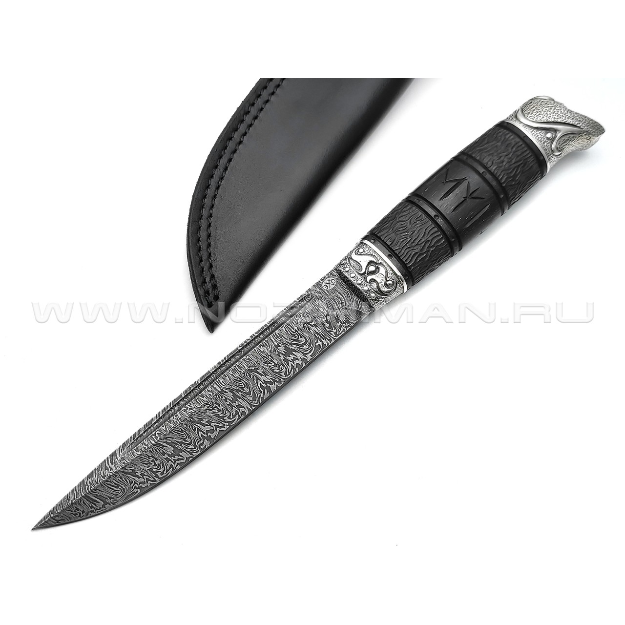 Эхо нож Викинг сталь Дамаск, рукоять Черное дерево, бронза, серебро