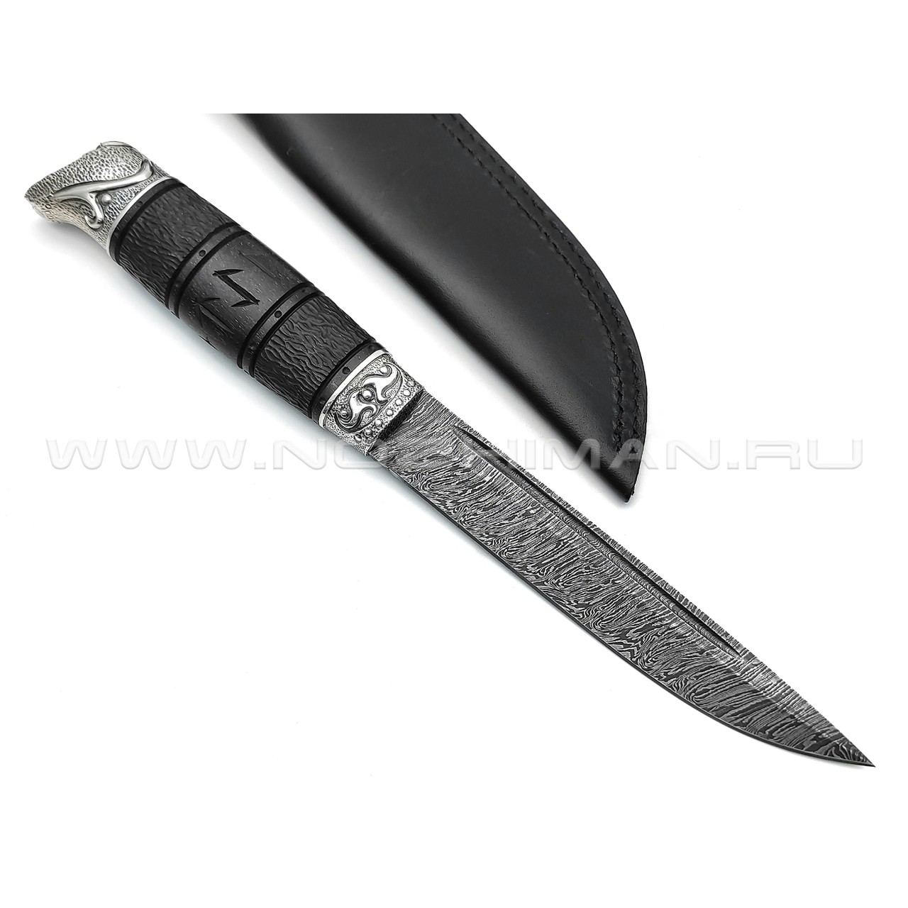 Эхо нож Викинг сталь Дамаск, рукоять Черное дерево, бронза, серебро