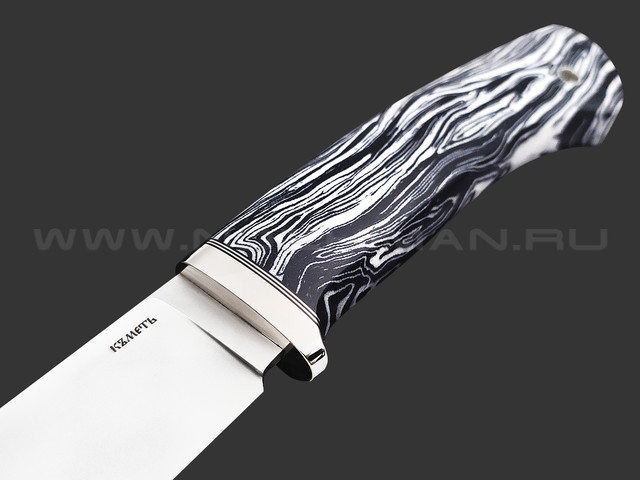 Кметь нож Клык сталь Bohler M398, рукоять Micarta chaotic black & white, мельхиор