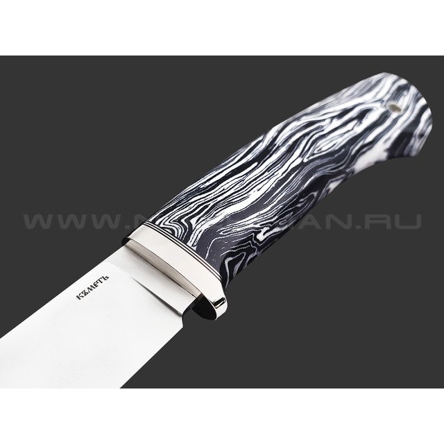 Кметь нож Клык сталь Bohler M398, рукоять Micarta chaotic black & white, мельхиор