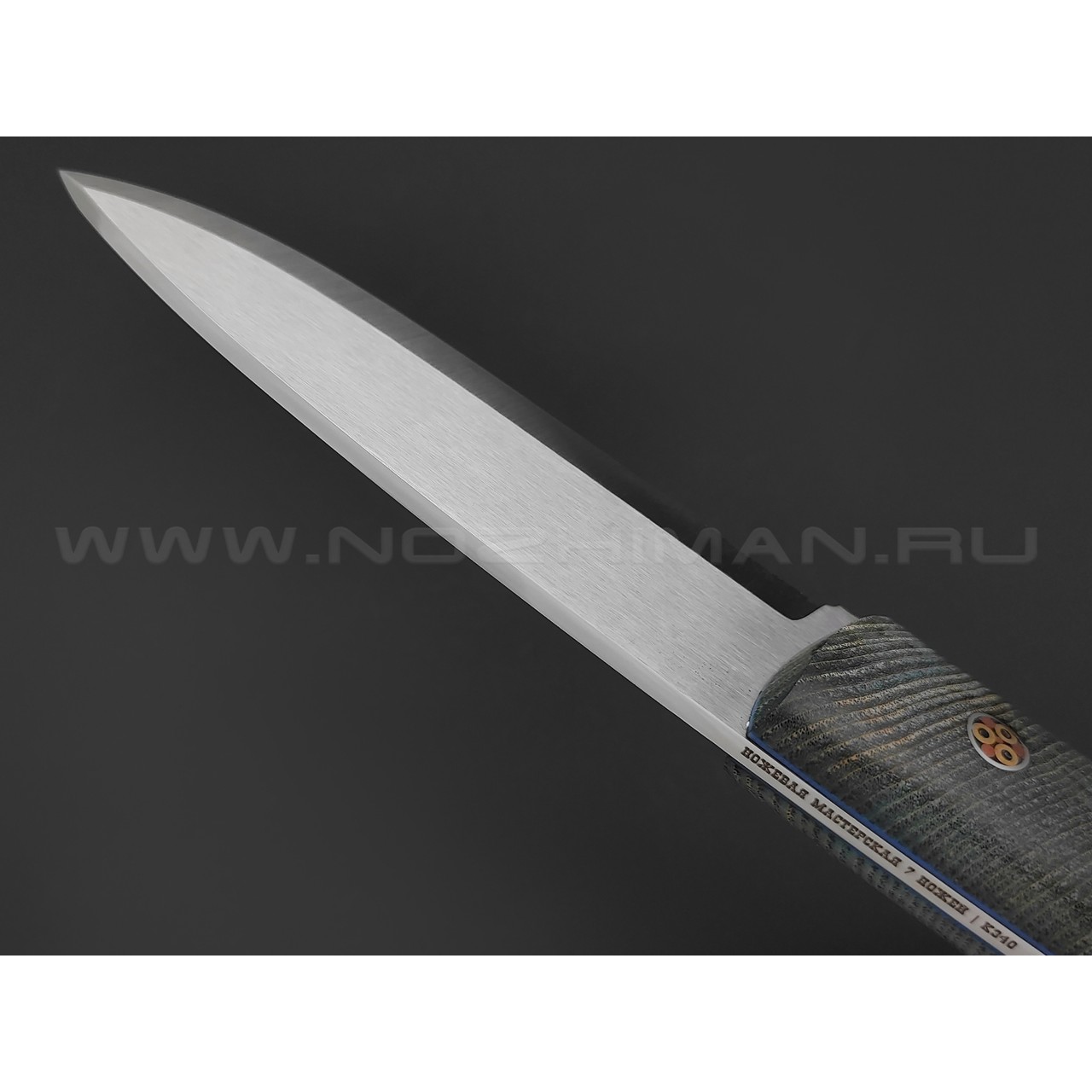 7 ножей нож Йети сталь K340 satin, рукоять Стаб. торцевой ясень, G10 blue