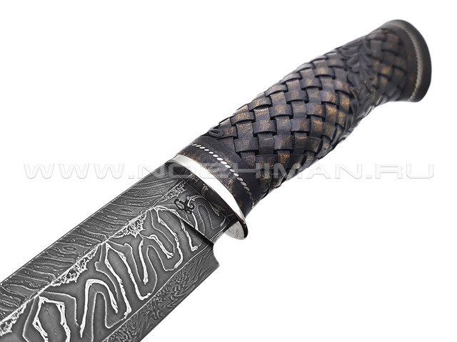 Влад Матвеев нож Ф3 VM48 мозаичный дамаск, рукоять Дерево орех, ручная резьба, всечка никель, титан