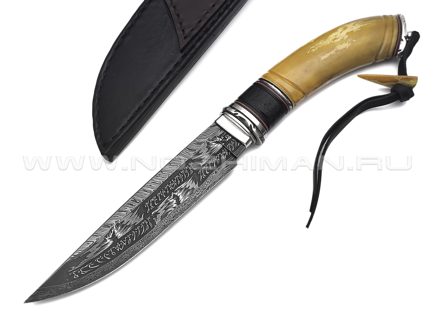 Влад Матвеев нож Шаман-3 человечки VM57 мозаичный дамаск, рукоять Стаб. рог лося, нейзильбер, черное дерево