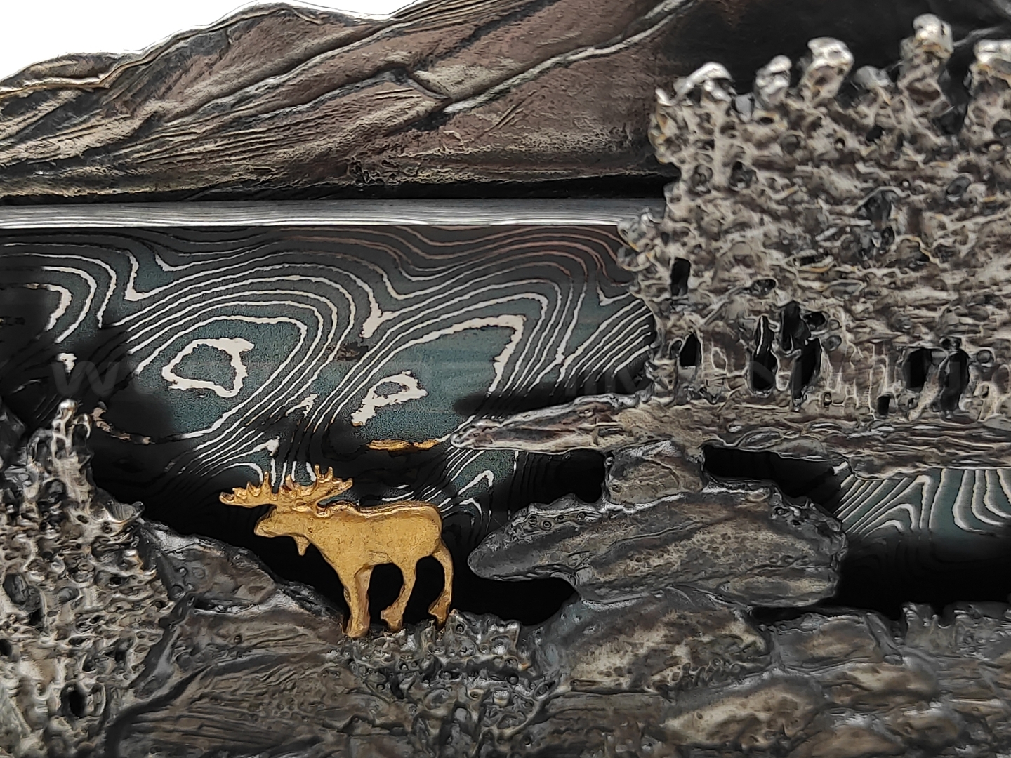 Эхо композиция Лесное Озеро сталь Дамаск, подставка бронза, серебро, черное дерево