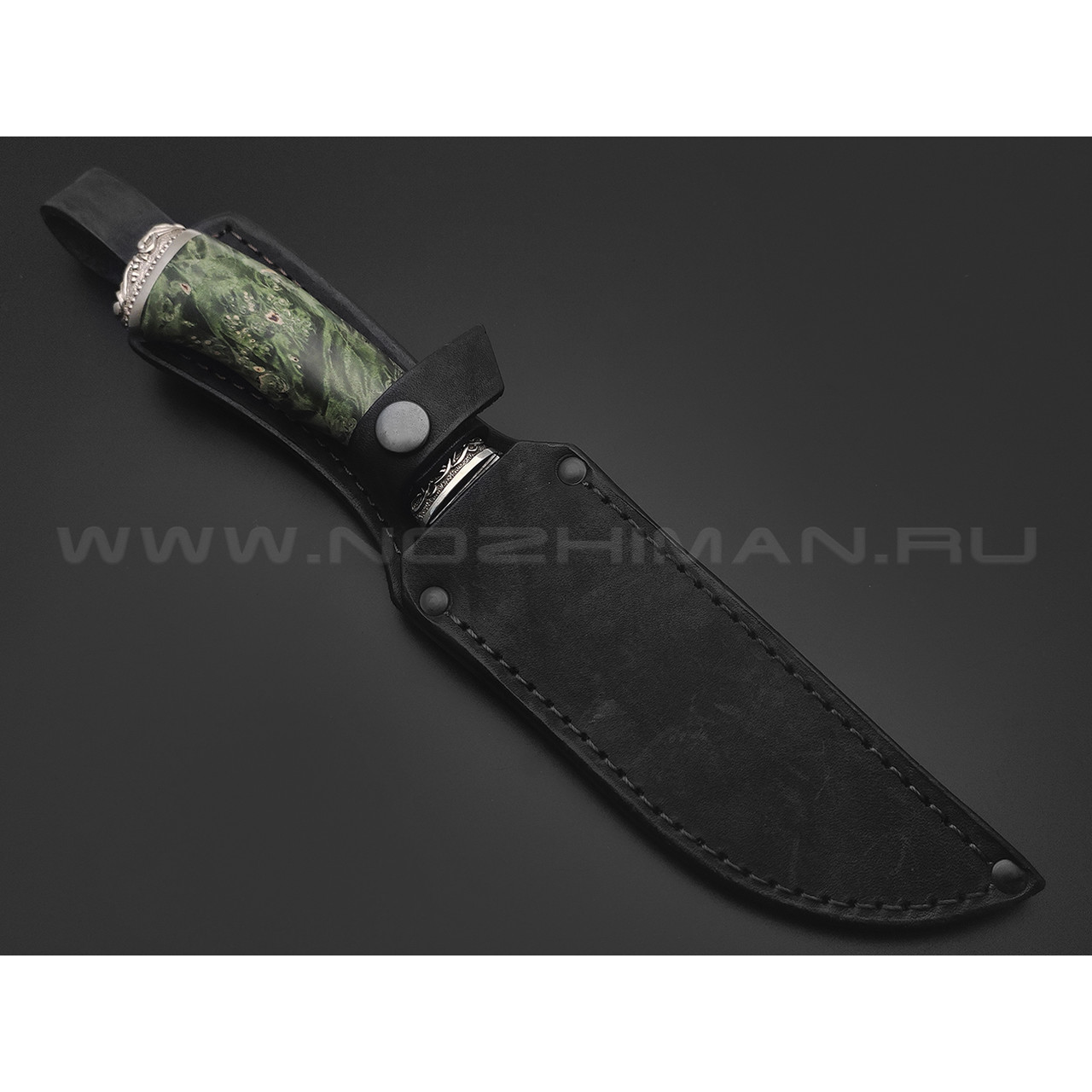 Фурсач А. А. нож Ворон сталь ХВ5, рукоять Стаб. кап клена зеленый, мельхиор