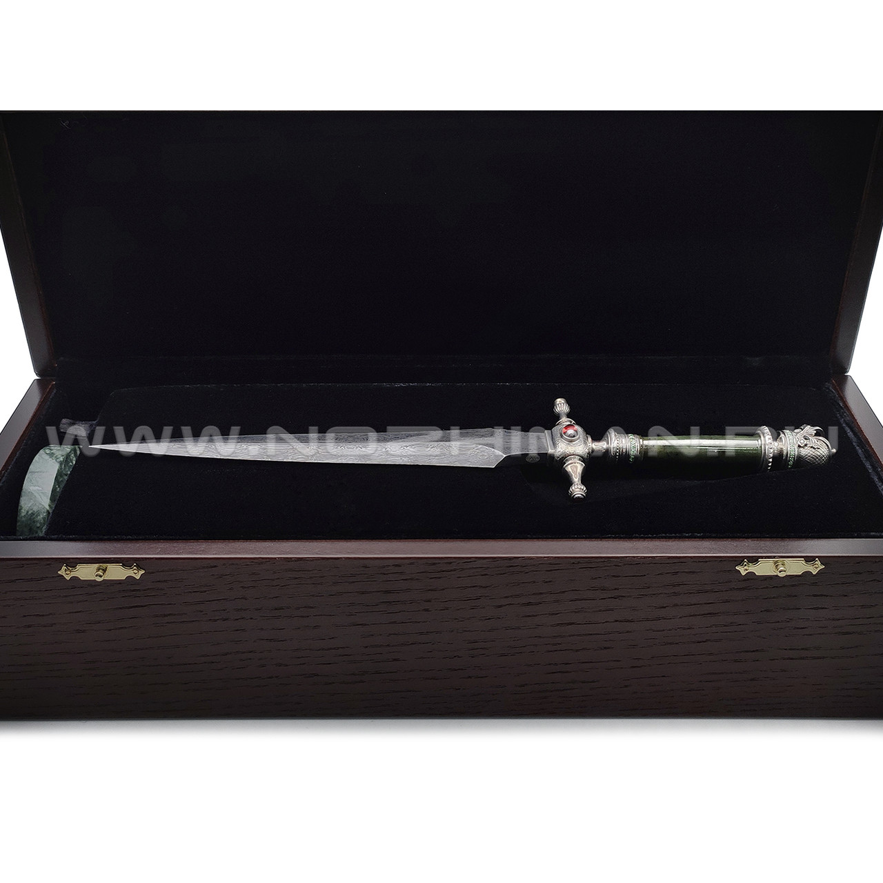 Эхо кинжал Империя сталь Мозаичный дамаск, материалы Серебро, нефрит, гранаты, цирконы, змеевик