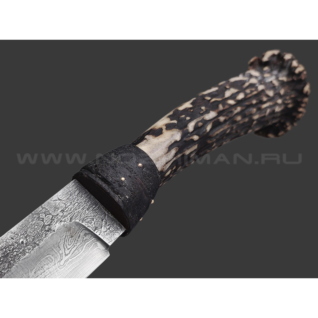 Сергей Шадрин нож SHAD12 сталь Дамаск, рукоять Рог лося, кожа