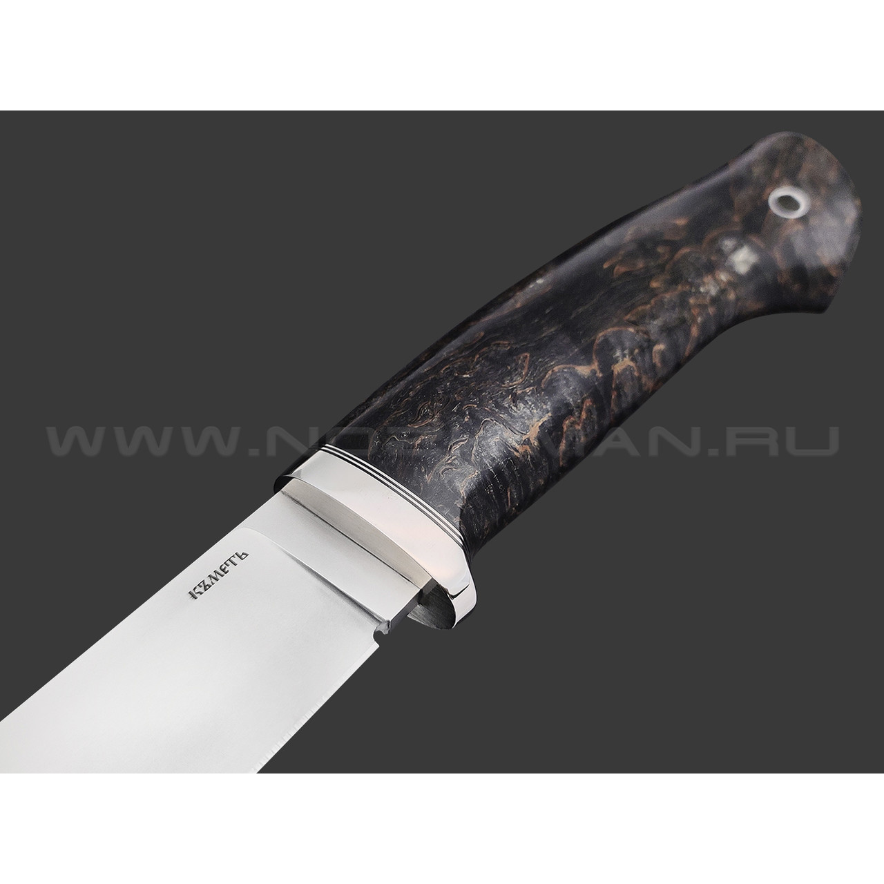 Кметь нож Нырок сталь Bohler M398, рукоять Стаб. карельская береза, мельхиор