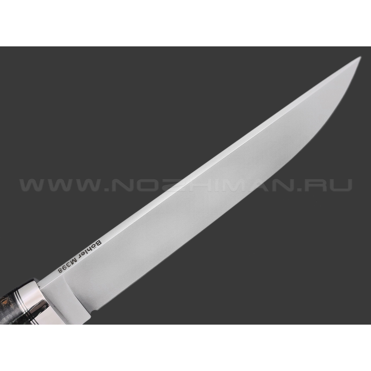 Кметь нож Нырок сталь Bohler M398, рукоять Стаб. карельская береза, мельхиор