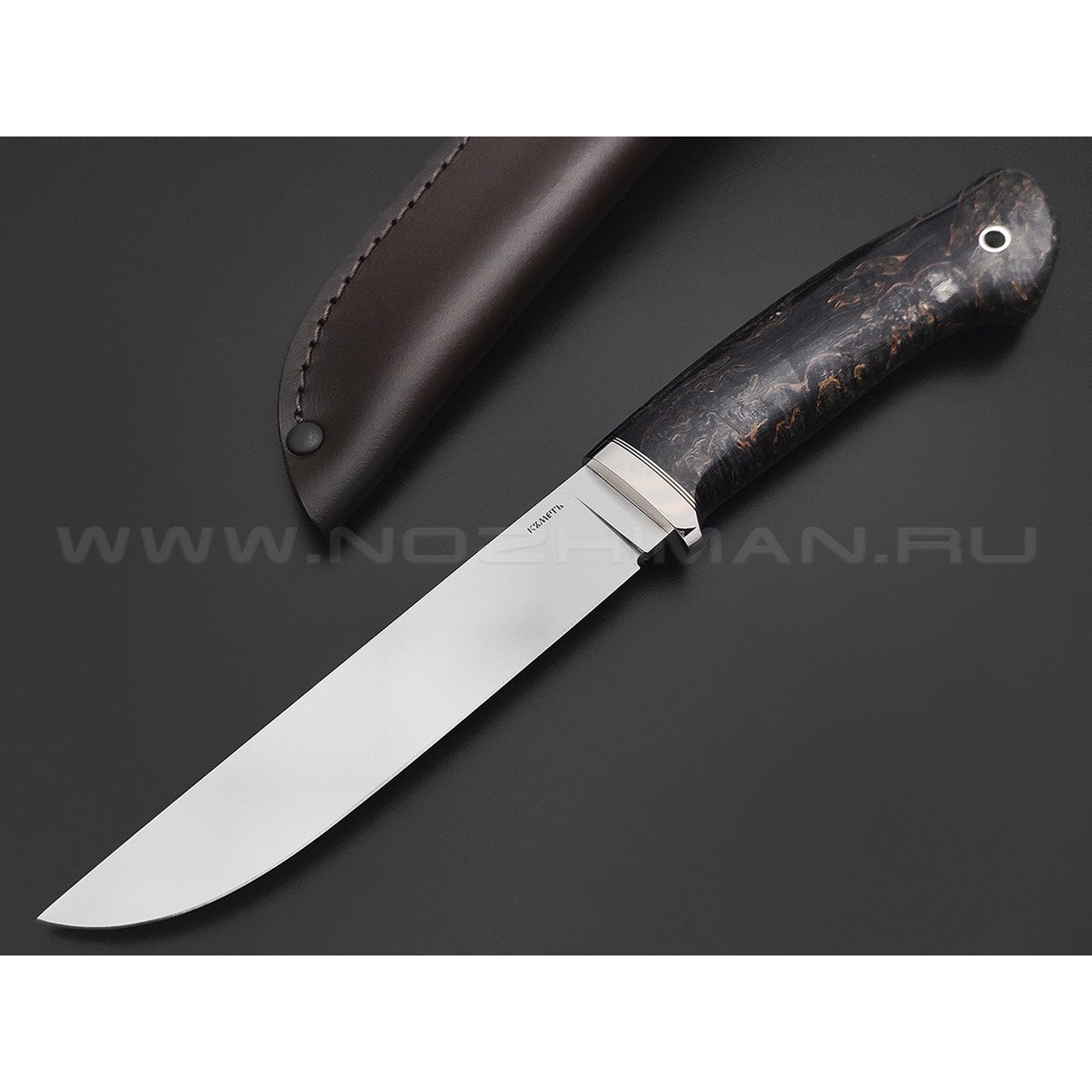 Кметь нож Нырок сталь Bohler M398, рукоять Стаб. карельская береза, мельхиор