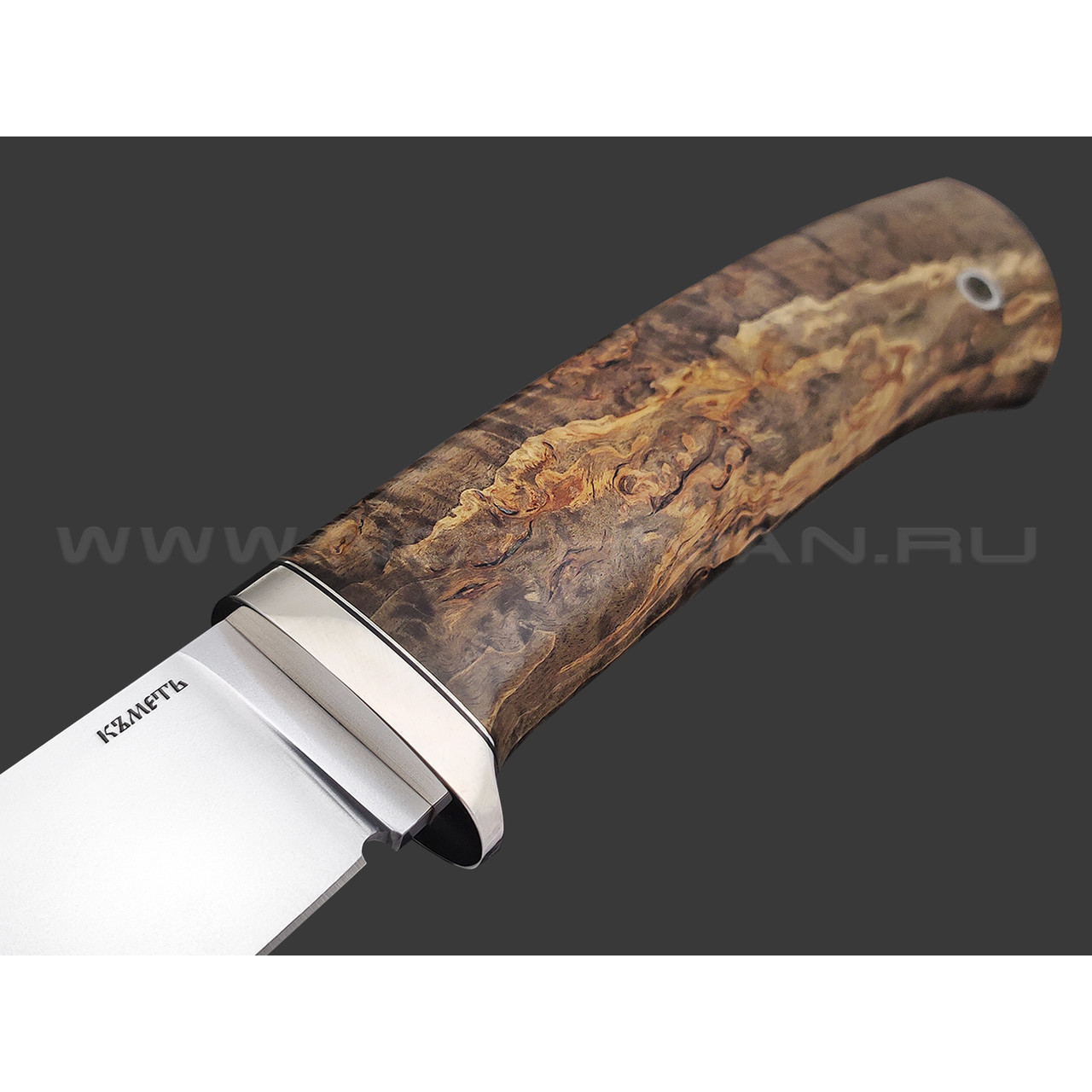 Кметь нож Кроха сталь Bohler S390 хром, рукоять Стаб. карельская береза, мельхиор
