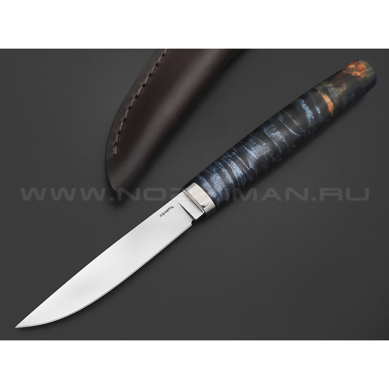 Кметь нож Шило сталь Bohler M390, рукоять Стаб. карельская береза, мельхиор