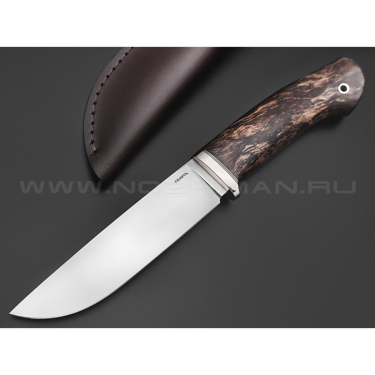 Кметь нож Панцуй сталь Bohler K340, рукоять Карельская береза коричневая, мельхиор