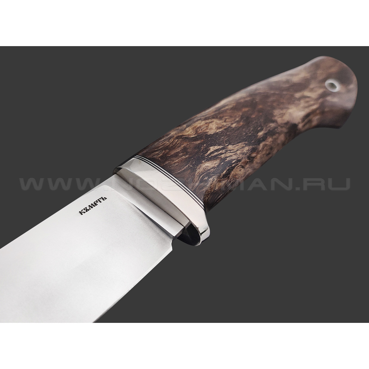 Кметь нож Панцуй сталь Bohler K340, рукоять Карельская береза коричневая, мельхиор