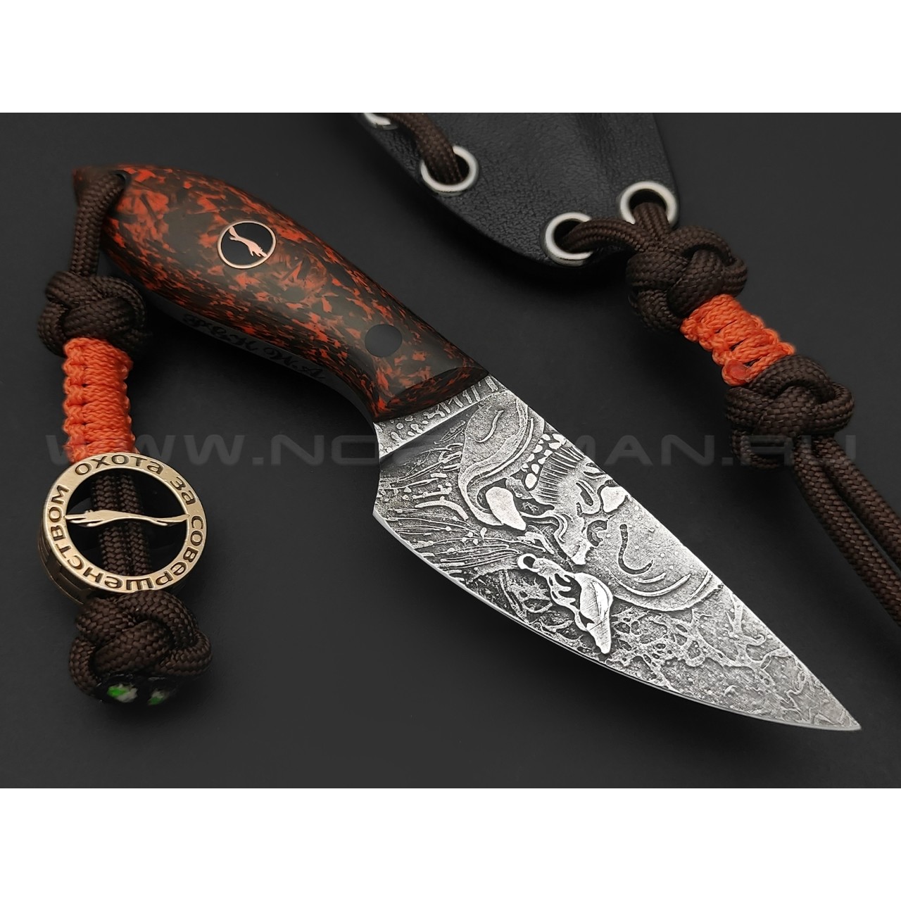 Волчий Век нож МасичЬка Custom Orc Edition сталь PGK WA травление, рукоять Carbon fiber chaotic orange
