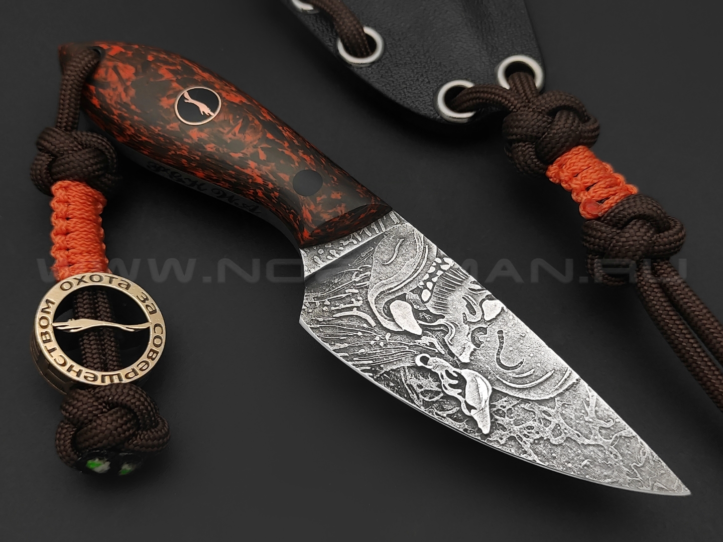 Волчий Век нож МасичЬка Custom Orc Edition сталь PGK WA травление, рукоять Carbon fiber chaotic orange