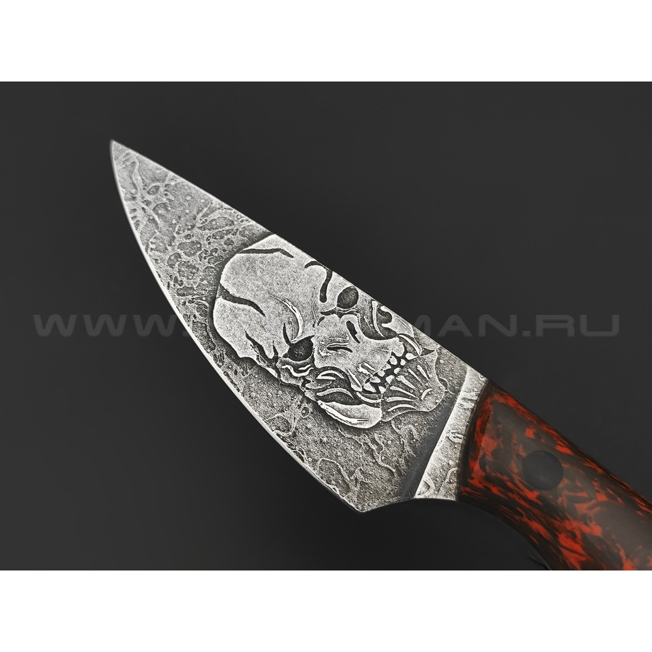 Волчий Век нож МасичЬка Custom Orc Edition сталь PGK WA травление, рукоять Carbon fiber chaotic orange
