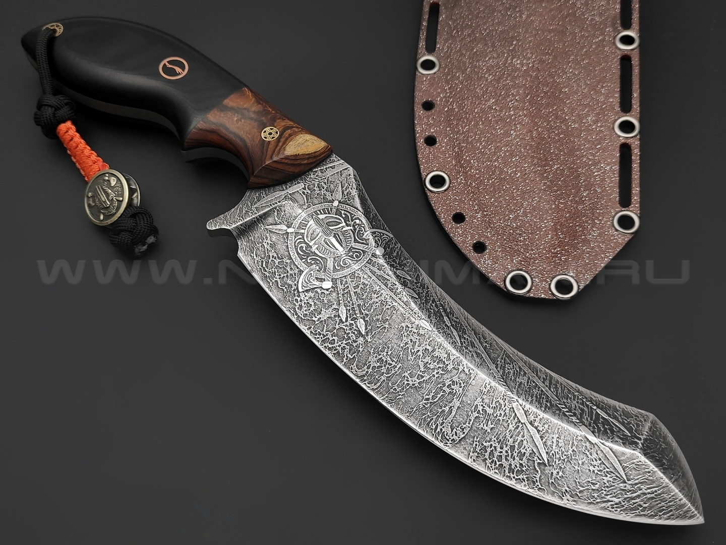 Волчий Век нож Кондрат 16 Custom сталь PGK WA травление, рукоять G10 black, айронвуд
