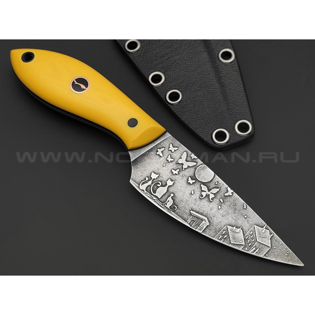 Волчий Век нож МасичЬка Custom Cats Edition сталь N690 WA травление, рукоять G10 yellow
