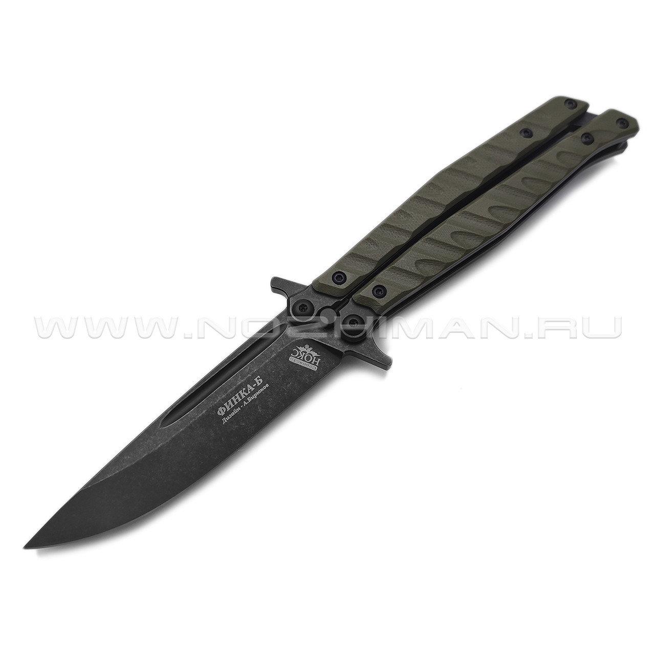 Нокс нож-балисонг Финка-Б 207-509406 сталь D2 блэквош, рукоять G10 olive green