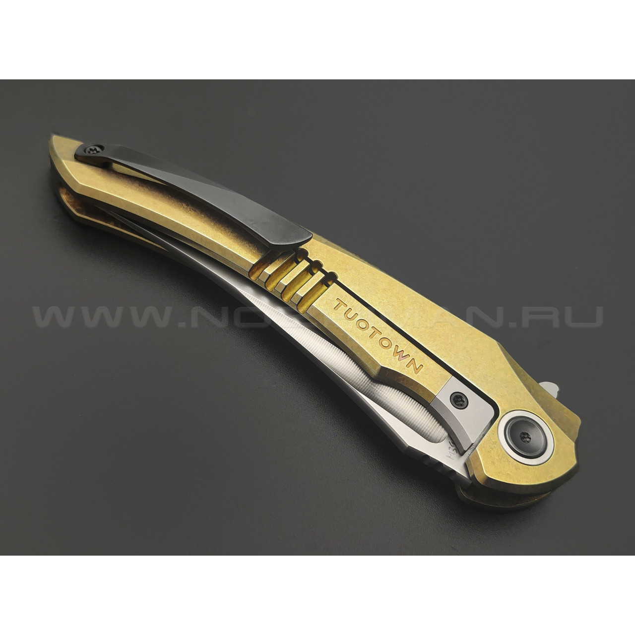 TuoTown складной нож Alatus-1 Integral сталь M390 bead-blast, рукоять Titanium TC4 Crystal Gold