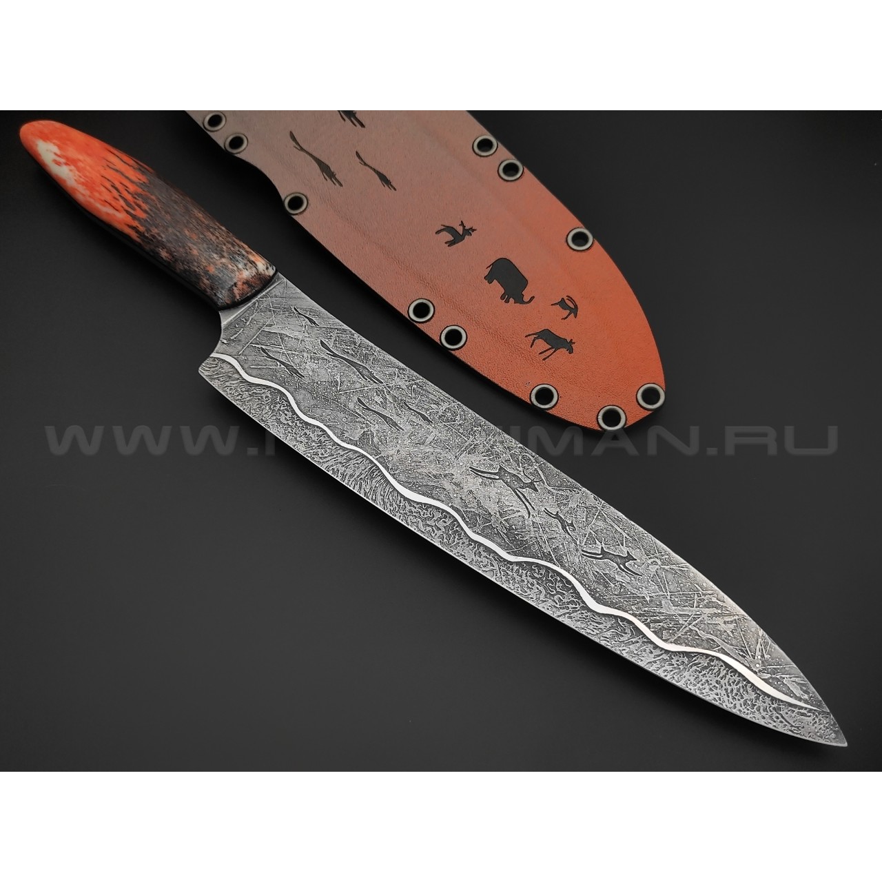 Волчий Век нож Big Chef Custom сталь N690 WA, рукоять Стаб. кость жирафа, G10, скрытый монтаж